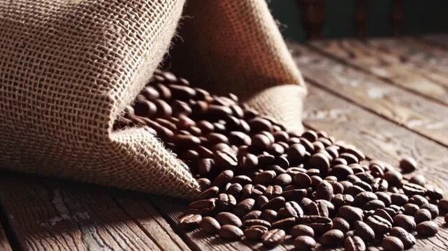 Coffee beans spilling from burlap sack onto wooden table in warm natural light