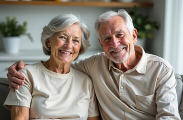 happy elderly couple sitting on the sofa at home and hugging. family portrait