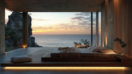 Coastal bedroom with stunning ocean view at sunset.