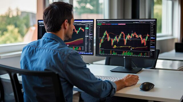 Man stares at stock charts on two monitors, typing quickly as he switches between different charts. Market indices pulse rhythmically on the glowing screens, and the camera slowly circles around him.