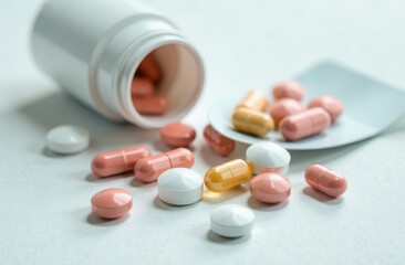tablets pills and medicine jar of different colors lie on a white background. concept of medicine, health, treatment and dietary supplements