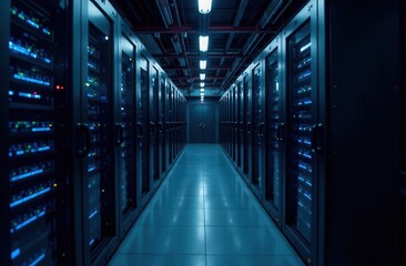 cloud data storage. modern server room. dark background with blue rows of servers