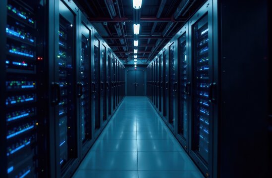 cloud data storage. modern server room. dark background with blue rows of servers