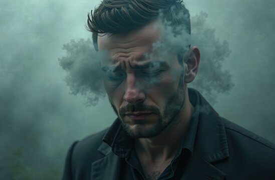 concept of depression and mental health. sad anxious man in a stressed state - dark photo with a gray cloud hanging over her head