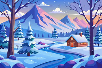 Fototapeta premium peaceful winter landscape with snowy cabin, pine trees and mountain view in a scenic forest setting