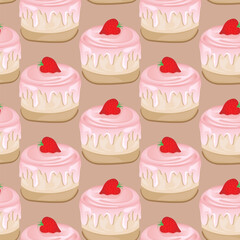 Seamless pattern for kitchen decor and more. Delicious cupcake with whipped cream and strawberry. Vector cartoon illustration of sweet food.
