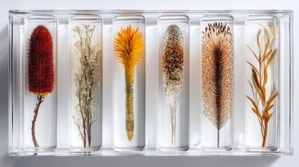 Unique display of preserved botanical specimens in glass tubes showcasing vibrant colors and intricate details in nature's design