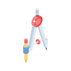 Trendy isometric style icon of geometry compass with pencil