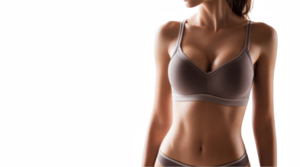 Fit, athletic woman is posing in sports underwear, showcasing her toned abs and healthy physique against a transparent background, ideal for fitness and health related projects