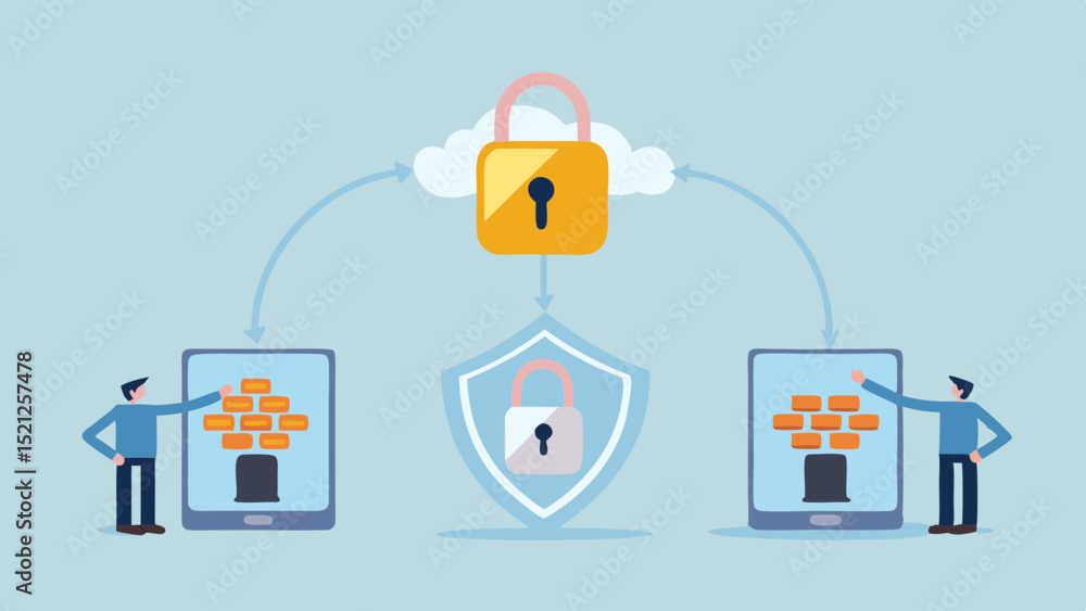 Poster illustration of cloud security with padlocks and data transfer to mobile devices with firewall