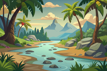 Obraz premium tropical beach landscape illustration with river, palm trees and sunset