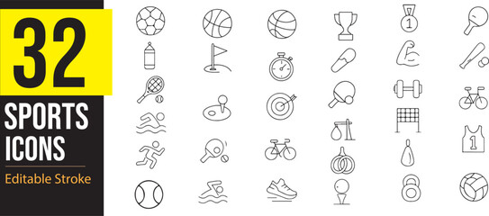 Sports and Fitness Icons Set. Editable Stroke. This Set Contains Icons: Golf, Football, Clock, Racket, Cricket, Ice Hockey, Cycling, Baseball, Boxing, eSports, Swimming, and Skating. Pixel Perfects.