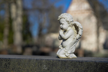 A peaceful Lutheric cemetery in Finland, featuring a solitary grave marked by a stone angel. The surroundings are calm and reflect a quiet, respectful atmosphere