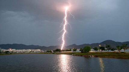 Bright lightning strike over a dark body of water with distant city and mountains. Danger of natural phenomena.
