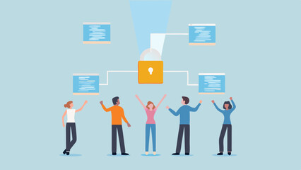 Group of people celebrating a secure network with computers and a padlock in a light blue scene