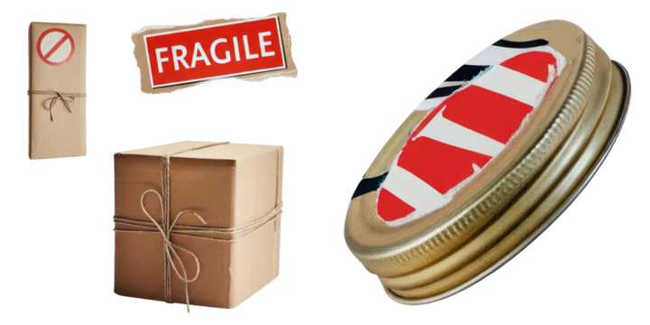 PNG collage featuring a cardboard box a prohibition symbol and a jar with a striped lid on a transparent background.