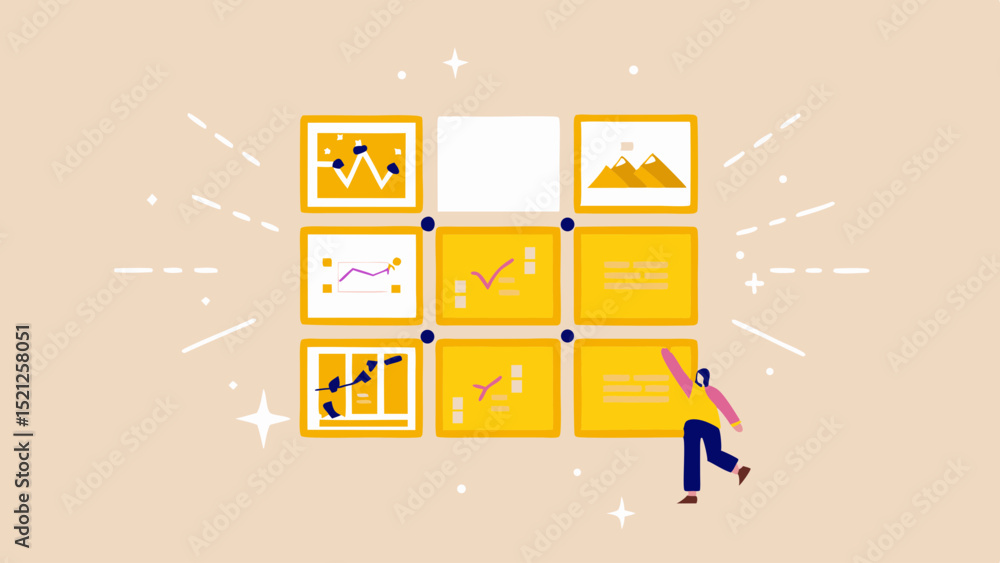 Poster illustration showing a grid of data charts with a person celebrating a successful project completion