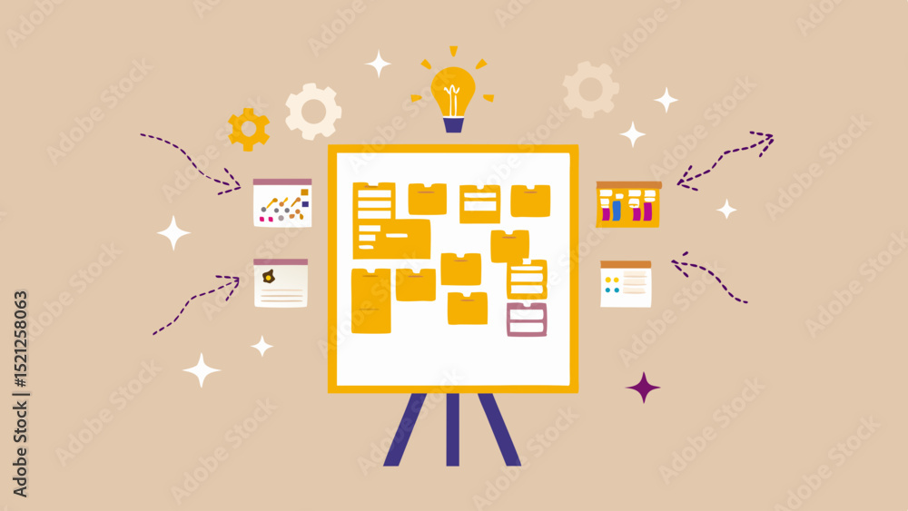 Poster illustration of a whiteboard with sticky notes and a lightbulb on a beige background scene setting