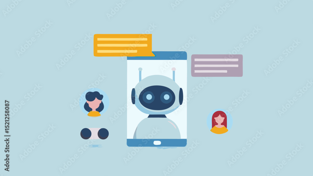 Poster illustration of a chatbot on a phone screen with user avatars and speech bubbles around it