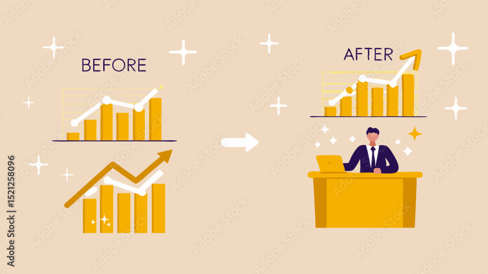 Poster before and after comparison of business growth with a graph and a person at a desk shown