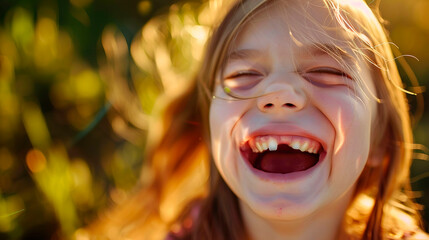 Smiling girl without a tooth. Tooth growth, Tooth Fairy moment. Children showing a new space between their teeth, visiting the dentist.