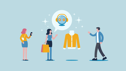 People shopping with ai assistant suggesting a yellow cardigan in a light blue background scene setup