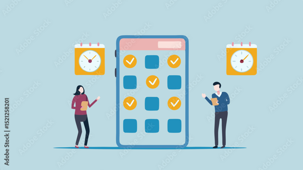 Poster people standing next to a phone with checkmarks and calendars on a light blue background design scen