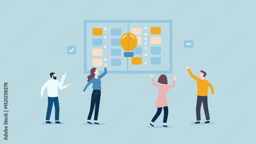 Poster team collaboration with idea lightbulb on board and sticky notes in a light blue color scheme