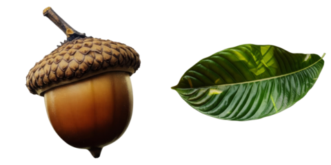 PNG acorn and a vibrant green leaf rest on a transparent background.