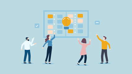 Fototapeta premium Team collaboration with idea lightbulb on board and sticky notes in a light blue color scheme