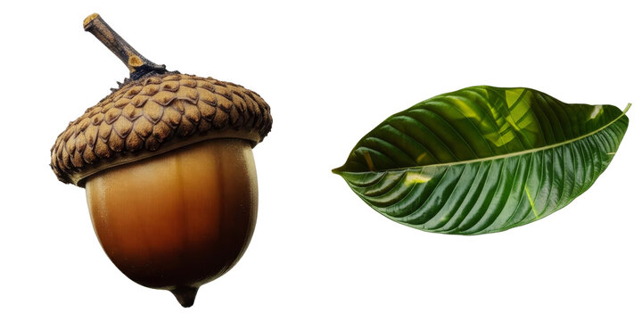 PNG acorn and a vibrant green leaf rest on a transparent background.