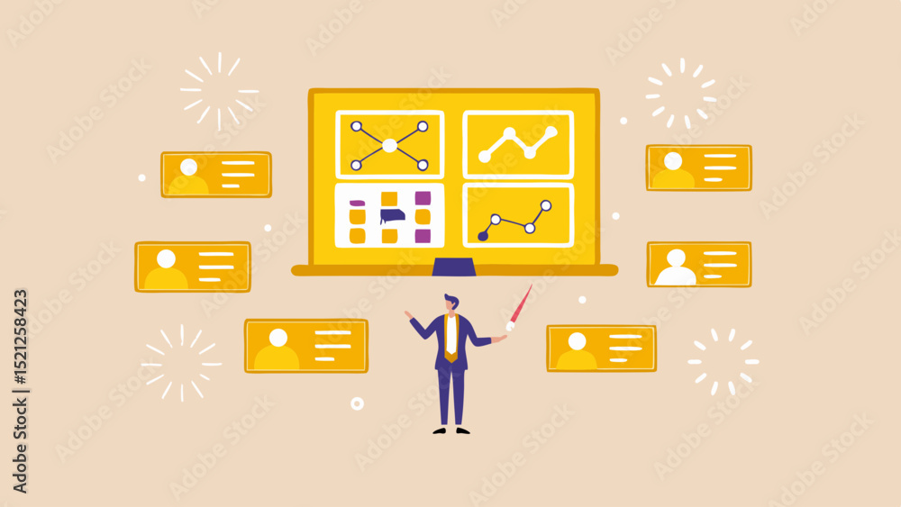 Poster man presenting data charts on a screen with business cards around in a bright and colorful illustrat