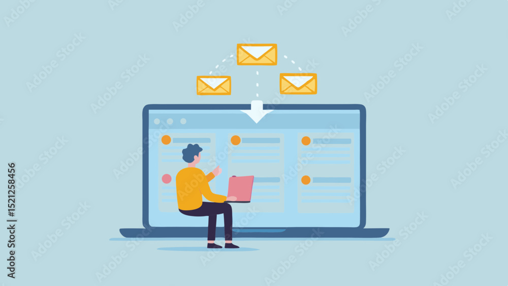 Poster person using laptop receiving emails displayed on a large screen in light blue background design