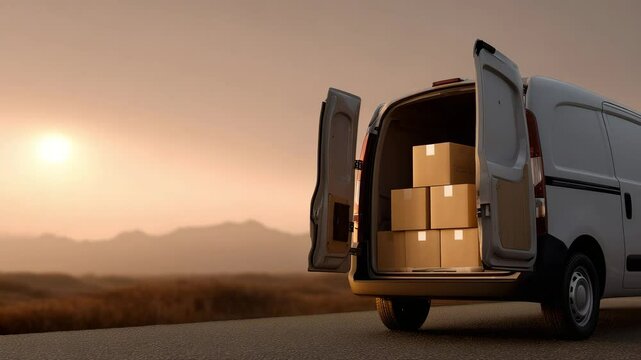 Delivery van parked in scenic landscape with mountains in background showcasing open doors and stacked boxes ready for shipment
