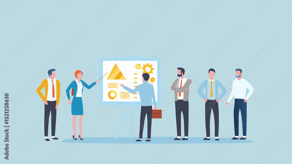 Poster business presentation with team members discussing charts and data on a presentation board in a meet