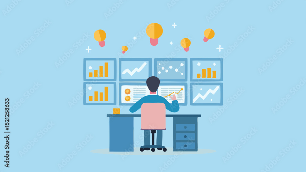 Poster person analyzing data on multiple screens with light bulbs above them in a blue background