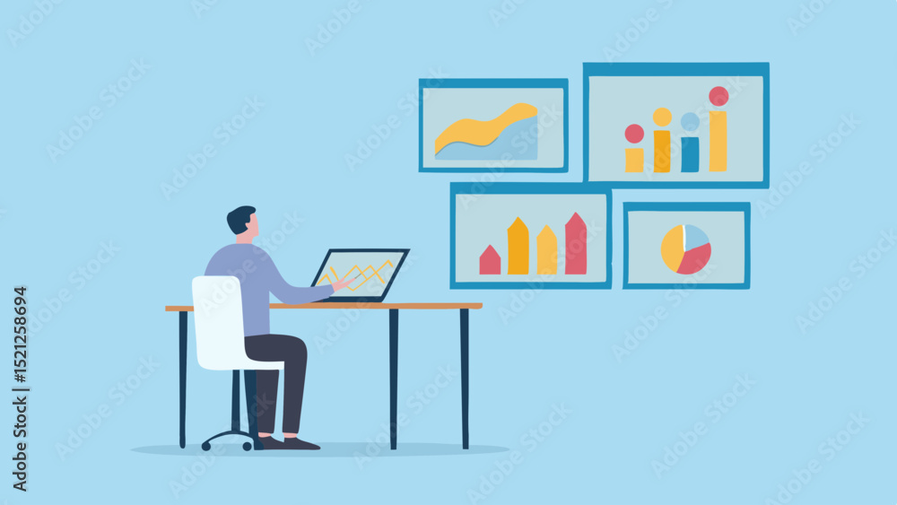 Poster person working on laptop with data charts displayed on wall in light blue office setting seen from b