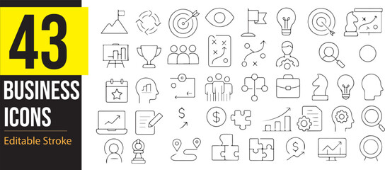 Business Planning, Teamwork, and Goal Set Icon Collection. Editable Stroke. Pixel Perfect, Vector Illustration. Medal, Flag, Dollar, Achievement, Team Building, New Idea.