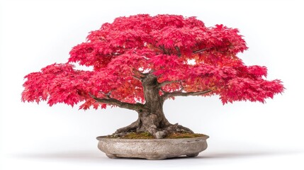 Fototapeta premium Vibrant Red Maple Bonsai Tree Displaying Stunning Foliage in a Decorative Pot for Indoor Gardening and Home Decor