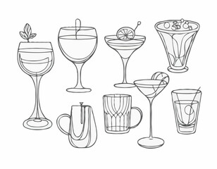 Elegant Wine Glass, Cocktail Shaker, and Coffee Cup Line Icons Set for Stylish Bar Menus