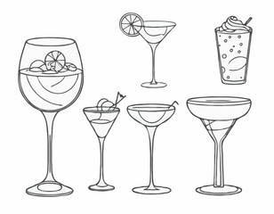 Elegant Wine Glass, Cocktail Shaker, and Coffee Cup Line Icons Set for Stylish Bar Menus