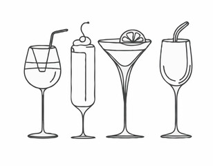 Elegant Wine Glass, Cocktail Shaker, and Coffee Cup Line Icons Set for Stylish Bar Menus