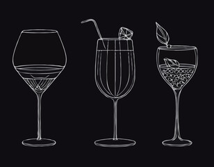 Elegant Wine Glass, Cocktail Shaker, and Coffee Cup Line Icons Set for Stylish Bar Menus