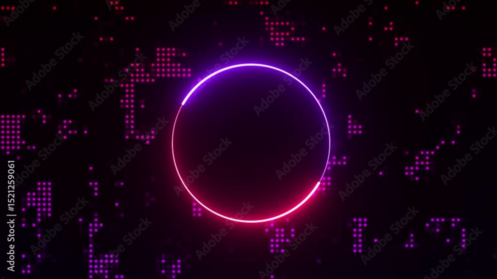 Poster purple and pink neon circle glow border, alpha channel, seamless loop, dots grid particle animation.