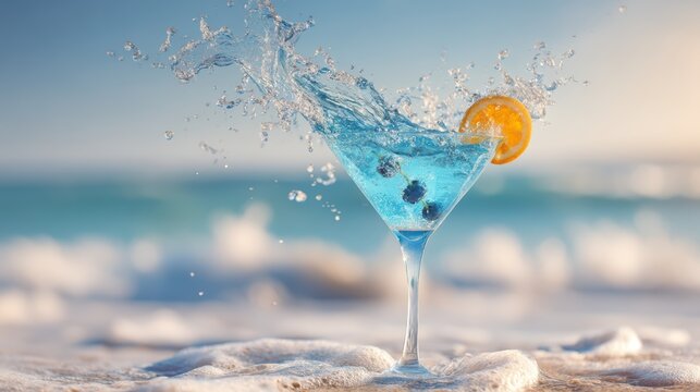 artistic professional photo of blue cocktail liquid splash flying on beach sky background, perfect lighting, realistic and cinematic style