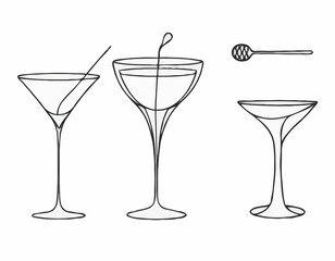 Charming Line Drawings of Wine Glass, Cocktail Shaker, and Tea Cup for Drink Designs