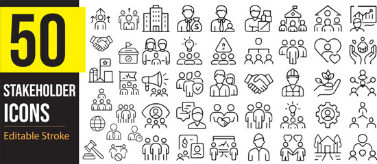 Stakeholder Icon Set With Editable Stroke, Pixel Perfect. The Set Includes Analysis, Teamwork, Campaign, Achievement, Success, and Feedback icons illustrations.