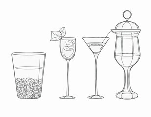 Charming Line Drawings of Wine Glass, Cocktail Shaker, and Tea Cup for Drink Designs