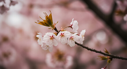 Obraz premium Close-up of pale pink cherry blossoms on a branch with soft bokeh background.
