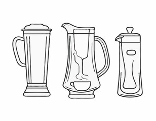 Sleek Outline Icons of Beer Stein, Martini Glass, and Coffee Pot for Bar Graphics